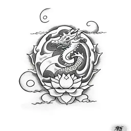 Dragon With Lotus Flower And Clouds