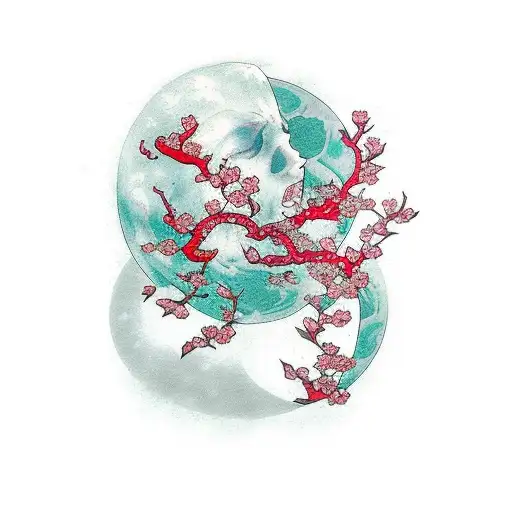 Red Headed Mermaid Cherry Blossom Tree Full Moon