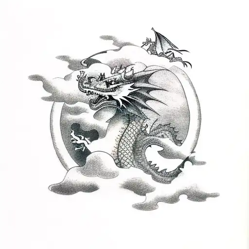 A Dragon Fliying Trough The Clouds And A Scroll With A Name Inside It