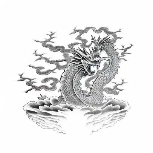 Black And Grey Dragon Coming Out Of Blossom Tree Tree Trunks Flowing Downwards