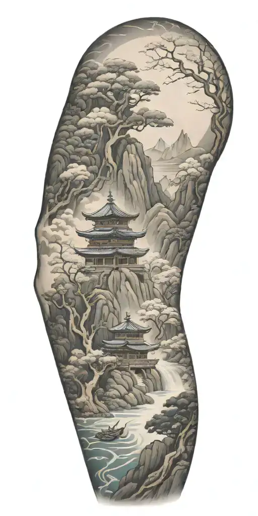 Spiritual Buddhist Inspired Tattoo Featuring A Traditional Scenary And Nature