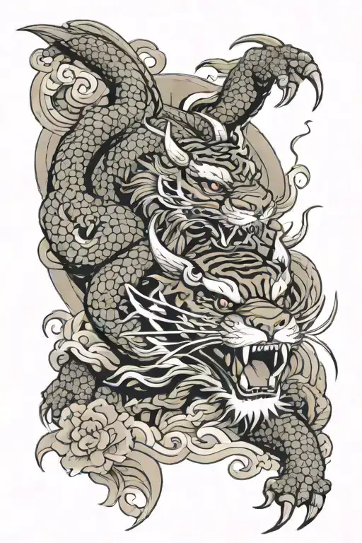 Dragon Flying And Tiger Head Tattoo Holding