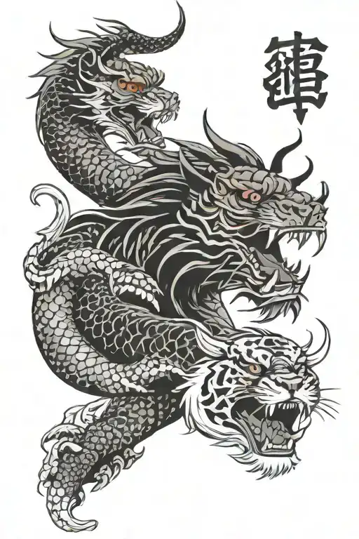 Dragon Flying And Tiger Head
