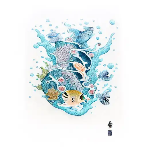 A Guitar With Underwater Sea Creatures Swimming Around It