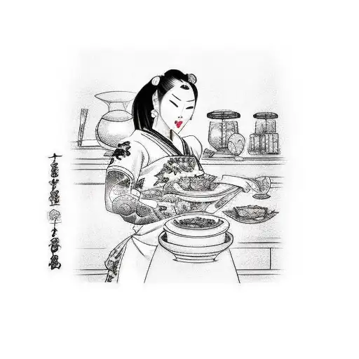 A Tattoo Of A Geisha Chef Cooking Up A Storm In A Bustling Kitchen