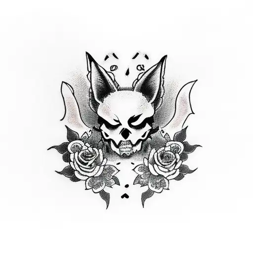 Kitsune With Skull And Roses For Hand
