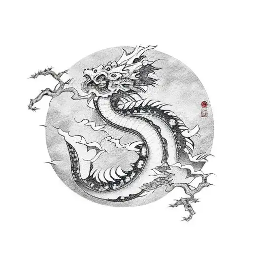 Japanese Dragon Incorporating Traditional Japanese Elements Such As Cherry Blossoms And Waves