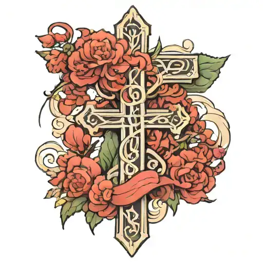 Christian Cross In Letters Wrapped With Laurel Branch And Cloud