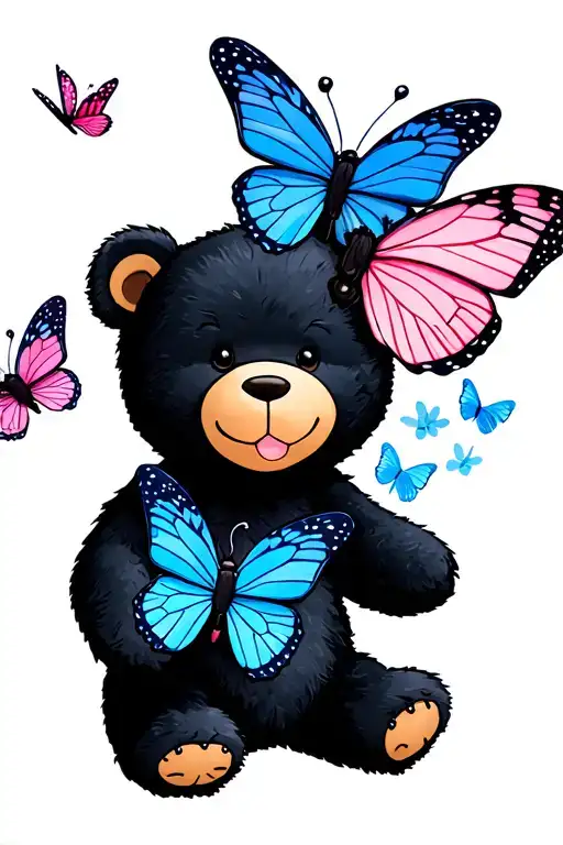 Happy Teddy Bear With 2 Blue Butterflies And 2 Pink Butterflies Buzzing Around