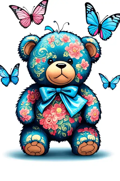 Happy Teddy Bear With 2 Blue Butterflies And 2 Pink Butterflies Buzzing Around