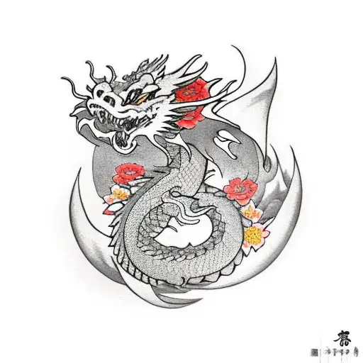 Dragon With Fire And Flowers