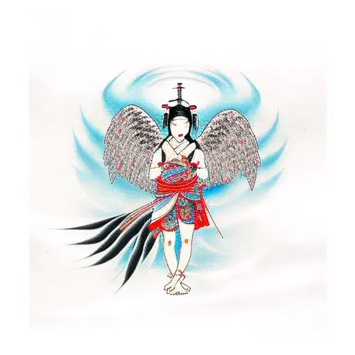 Angel Of Death Samaruai With Japanese Structures In The Background