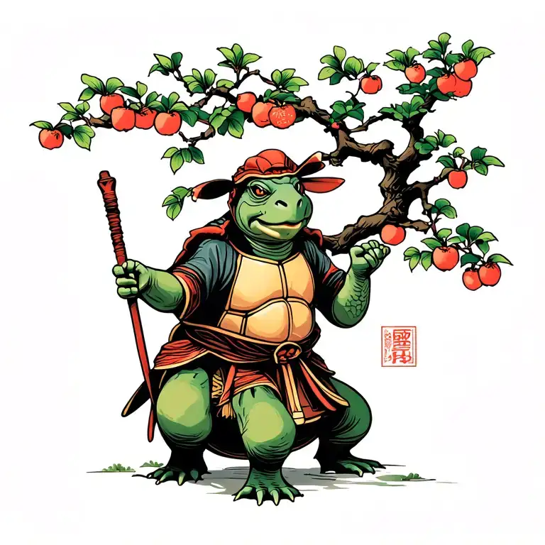 Tortoise Elderly Kung Fu Turtle With Staff At Peach Tree Scene In Mountain Pass