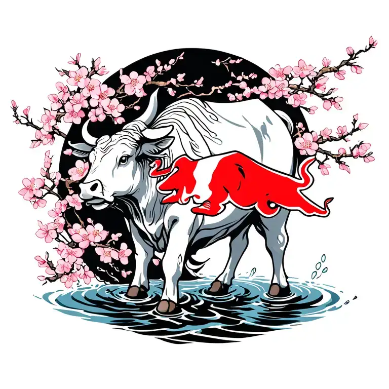 Irezumi Red Bull Standing In Black Stream Of Water Near Cherry Blossom