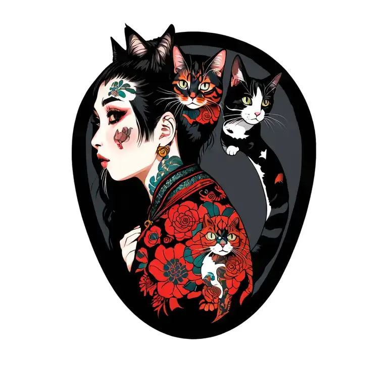 Woman Punk With Gang Of Cats