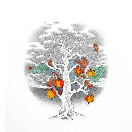 Autumn Coloured Rooted Tree With Unreal Fruits