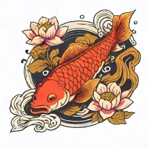 A Carp Swimming Gracefully In A Pond Surrounded By Lotus Flowers