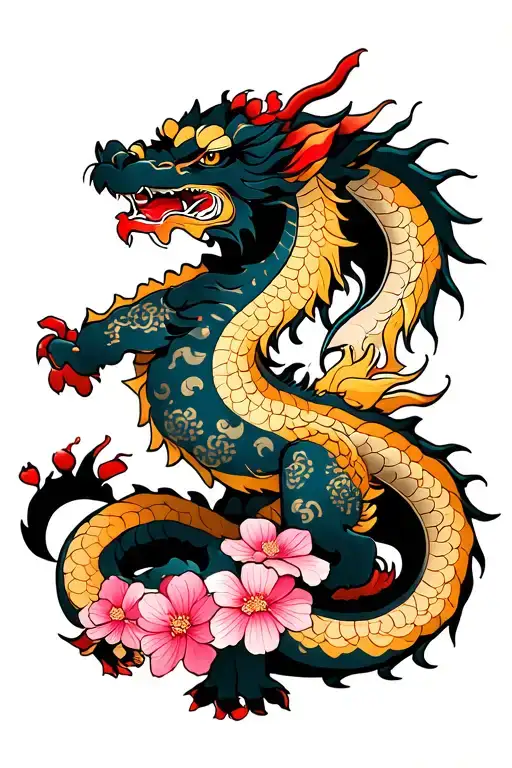 Foo Dog And Dragon With Cherry Blossoms