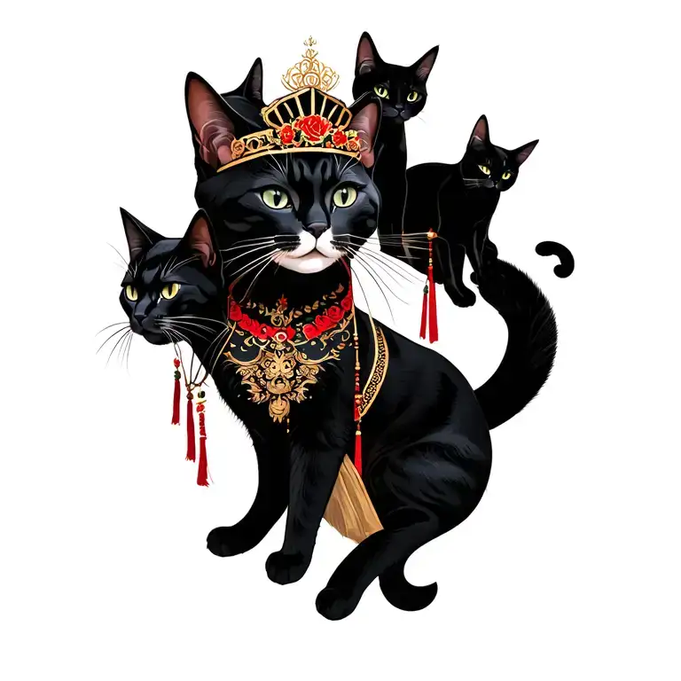 Female Queen Of Cats With Gang Of Cats