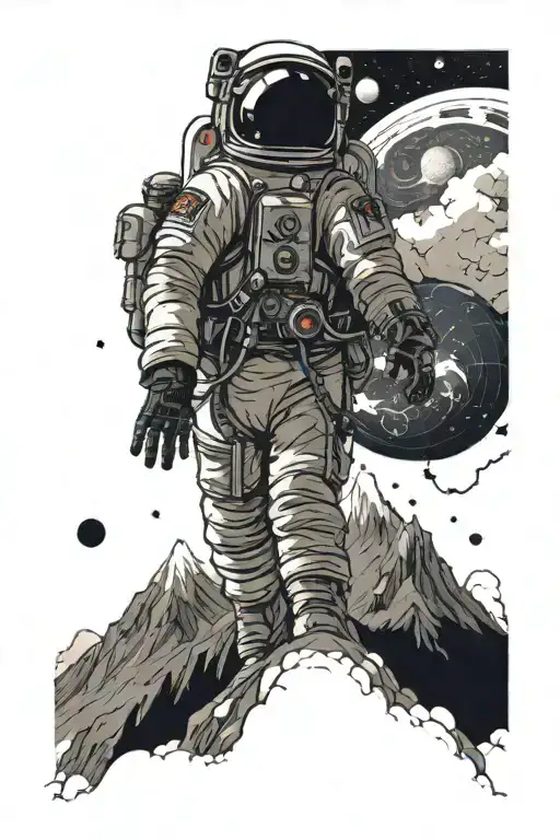 Astronaut Looking At Mountains Leading Into Space With Planets