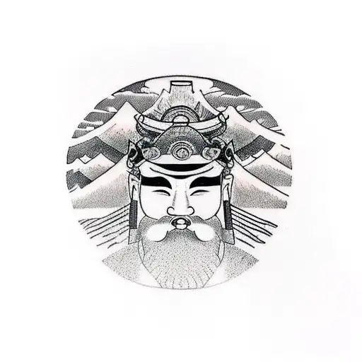 An Intricate Tattoo Of A Traditional Japanese Samurai Helmet With Mount Fuji In The Background