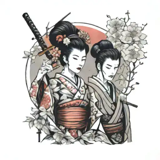 Geisha And Samurai Warrior