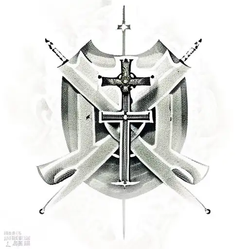 Knights Templar Warrior With Shield And Sword Kneeling In Front Of Christ On The Cross