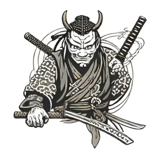 A Samurai In A Mask With Two Katanas In The Back
