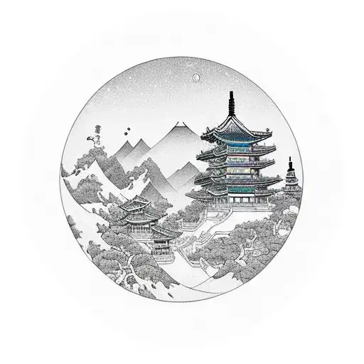 A Traditional Korean Landscape With A Cartoon Kimchi Jar As The Focal Point