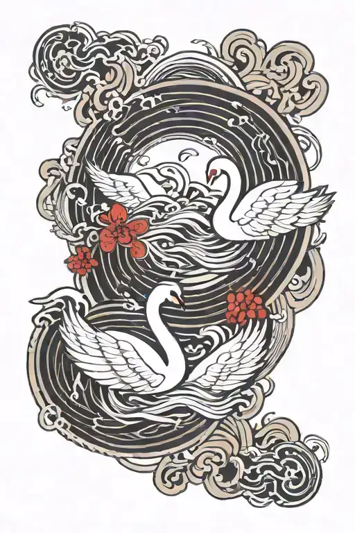 Japanese 2 Swan With Minimal Water Red Color And Black