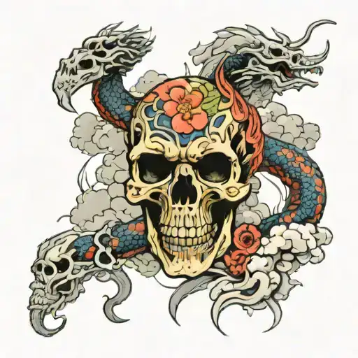 Skull And Dragon Intertwined With Japanese Clouds Surrounding