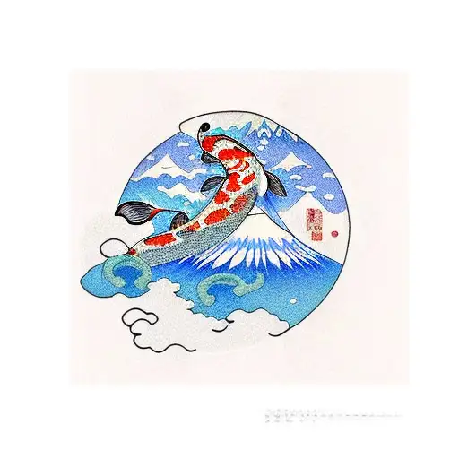 Koi Fish Swimming With Mount Fuji In Background