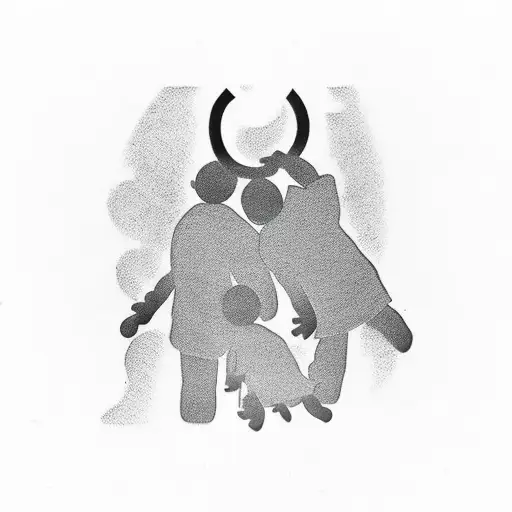A Minimalist Design Featuring A Silhouette Of A Father And Two Sons Holding Hands