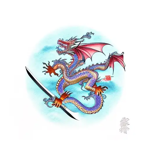 Dragon With Sakura Trees And Katana Blades