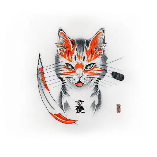 Neo Japanese With Orange Cat And Katana