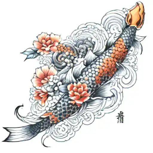 Detailed Japanese Koi And Dragon Arm Sleeve Tattoo Featuring Patterns And Flowers