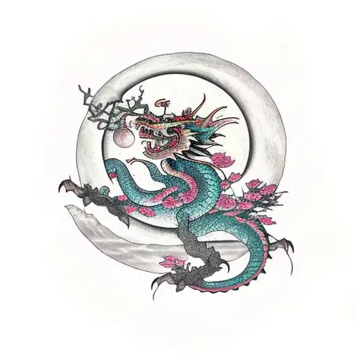Ancient Dragon With Sakura Trees Over Blood Moon