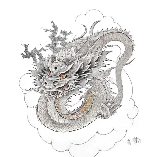 Japanese Dragon With Kitsune Mask In Hand