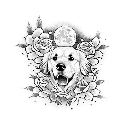 A Sleeve Tattoo Of A Golden Retriever Howling At The Moon Surrounded By Roses