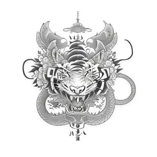 Dragon With Tiger And Clock With Flowers For Half Sleeve