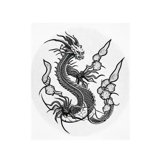 Black And White Dragon Surrounded By Spider Lilies