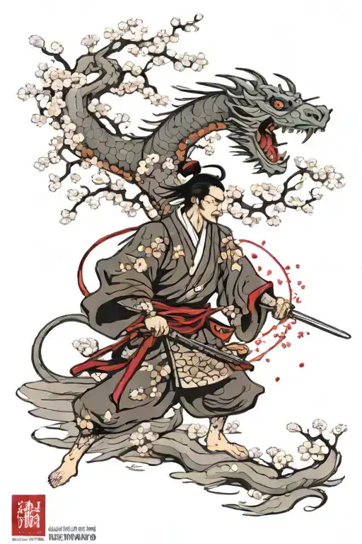 A Japanese Samurai Ready To Battle A Dragon Approaching Him Under A Cherry Blossom Tree