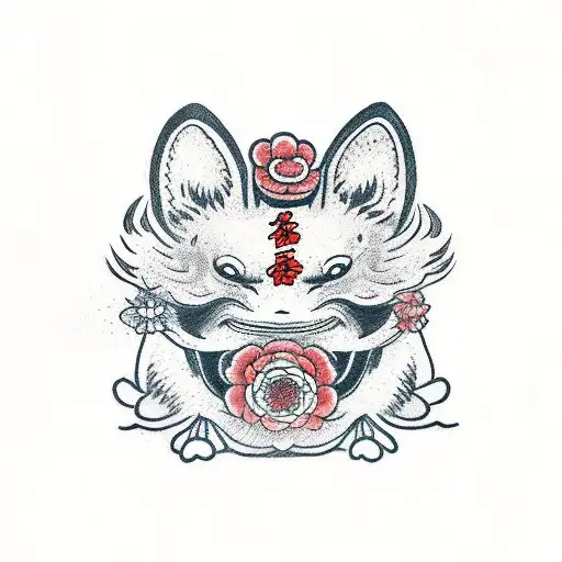A Kitsune Mask With Sakura Flowers And A Japanese Frog With A Hat Smoking From A Pipe