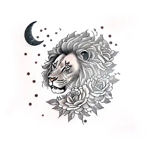 Female Lion With Roses And The Moon