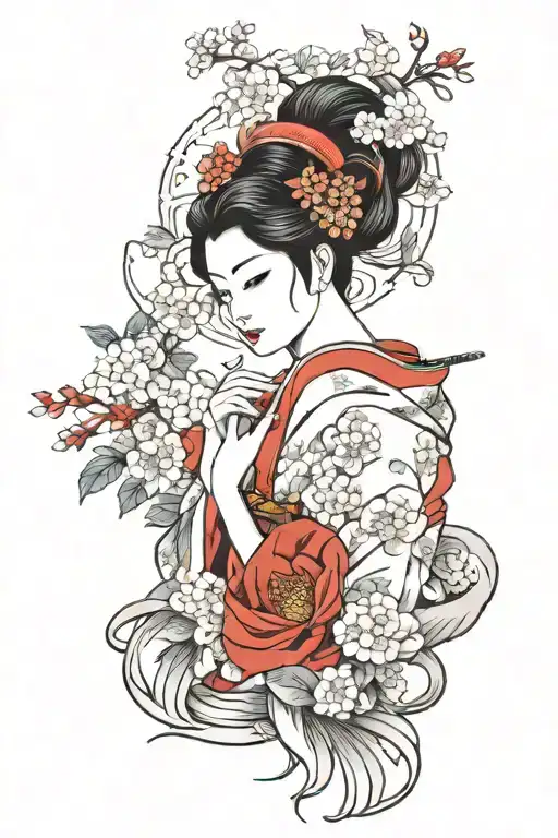 Sitting Geisha With Flower Background