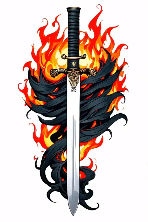 Katana Surrounded By The Tongues Of The Flame In The Japanese Style