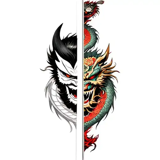 Japanese Samurai With Oni Demon Mask Split In Half By A Katana With A Dragon Spiraling Behind