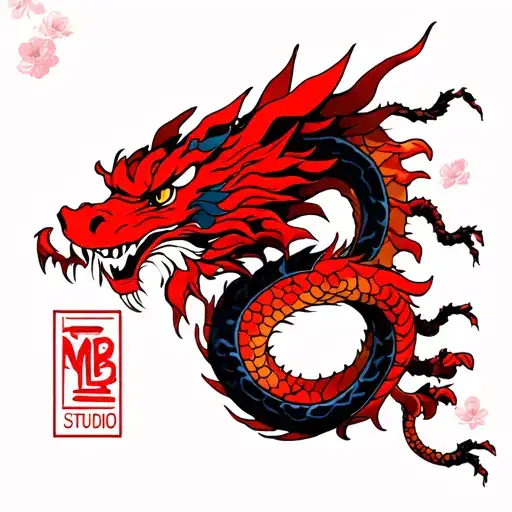 Easy And Simple Japanese Style Red Dragon With Sakuras And Mb Studio Banner