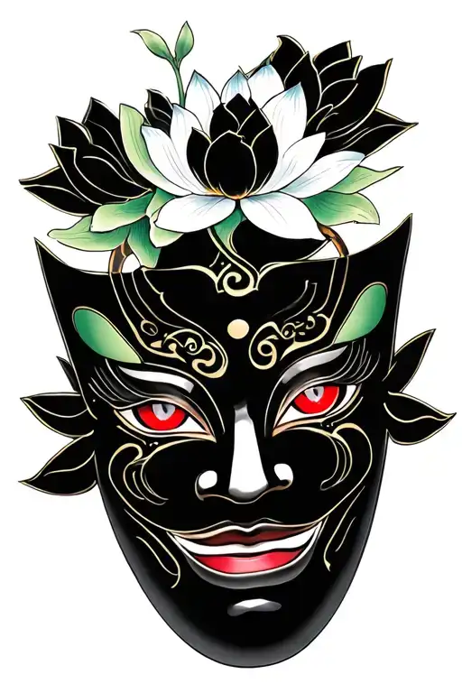 Black Hanya Mask With Red Eyes And Green Lotus Flowers