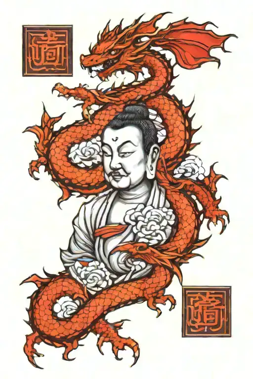 Dragon Wrapped Around Fengshui Buddah With Asian Or Hawaiian Patterns